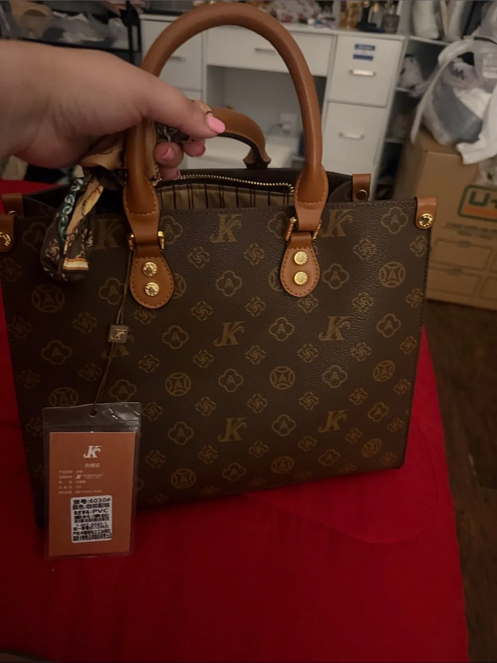 Brown Monogram Satchel with Tan Handles by